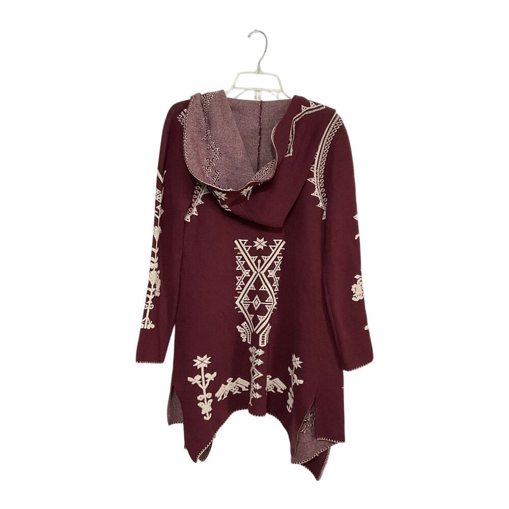 MAXSPORT Open Front Hooded Wool Cardigan Sweater Women Size Small Red/Cream Boho - Picture 2 of 9
